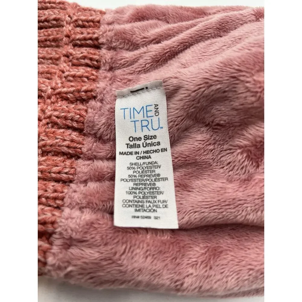 Time and Tru Pink Faux Fur Lined Knit Beanie Hat One Size Women’s Winter